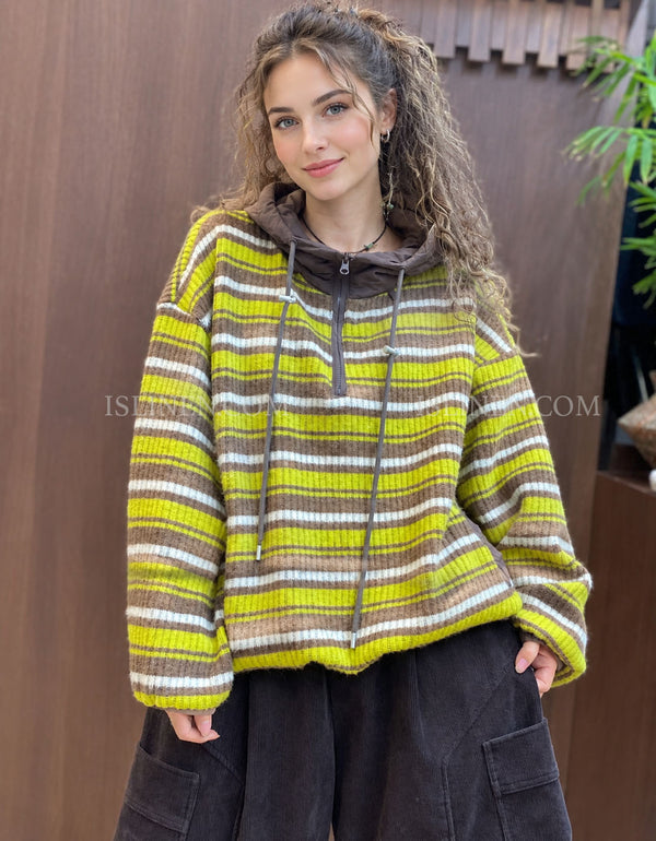 Women's Striped Knit Hoodie with Padded Hood