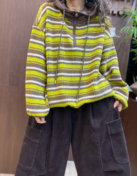 Women's Oversized Striped Knit Hoodie with Drawstring