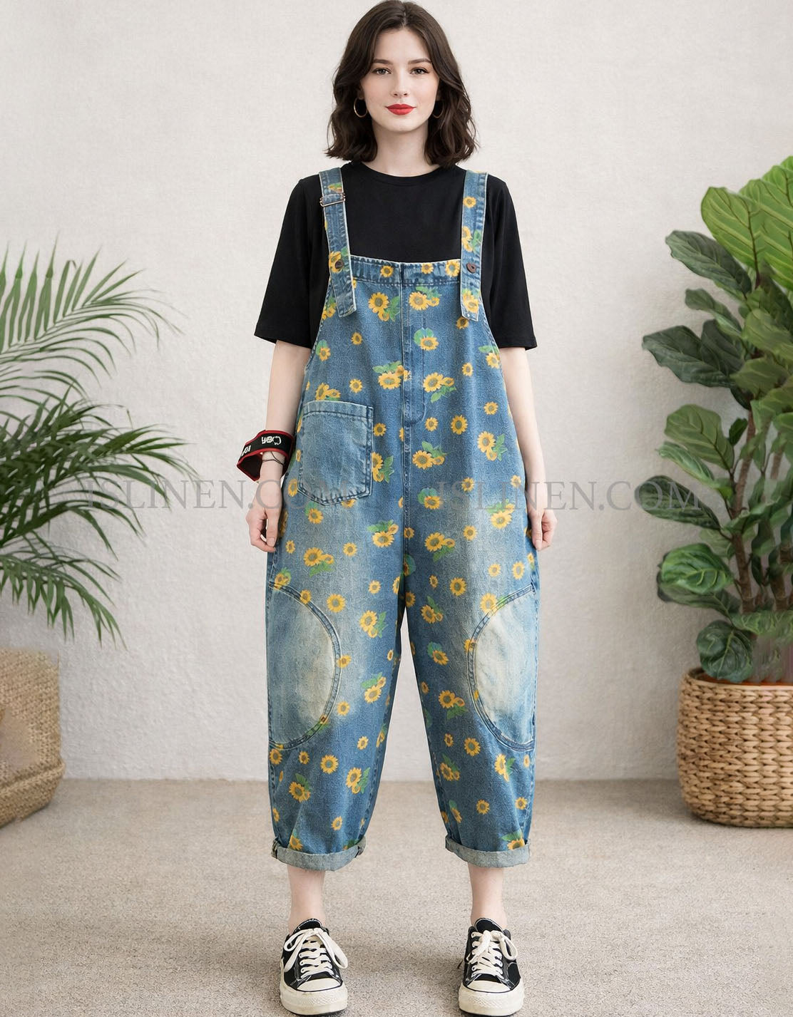 Women’s sunflower print denim overalls with loose fit casual style