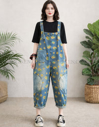 Women’s sunflower print denim overalls with loose fit casual style