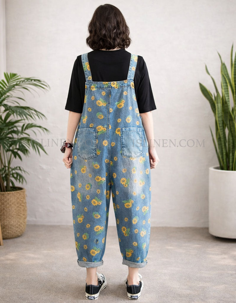 Back view of women’s casual sunflower denim jumpsuit