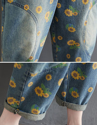 Close-up of women’s vintage sunflower print denim overallsbackground