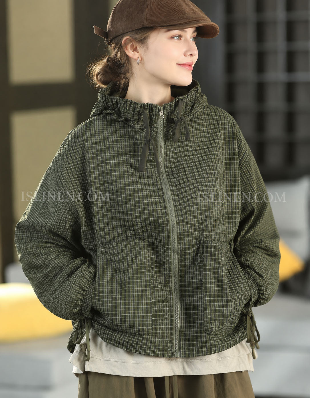 Women's Checkered Hooded Zip-Up Casual Jacket