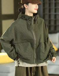 Back view of a women's relaxed-fit checkered hooded jacket in olive green