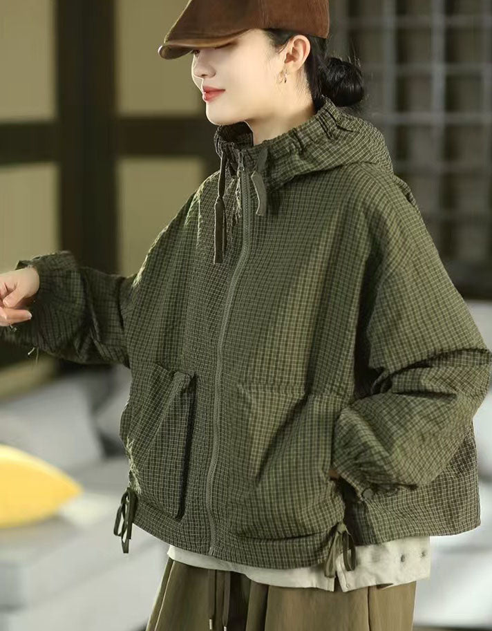 Women's Relaxed Fit Checkered Hooded Casual Jacket