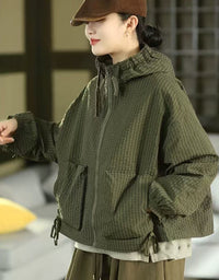 Women's Relaxed Fit Checkered Hooded Casual Jacket