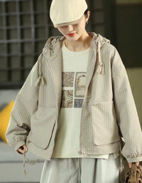 Women's Checkered Hooded Zip-Up Jacket with Pockets