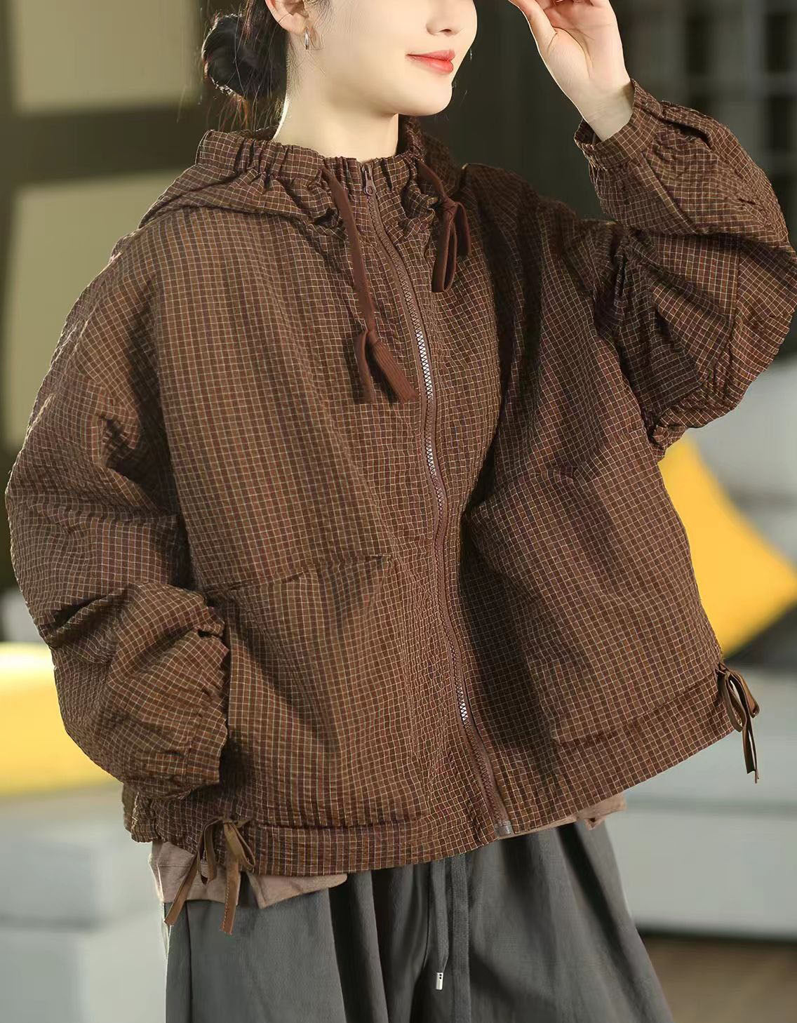 Women's Oversized Checkered Hooded Zip Jacket
