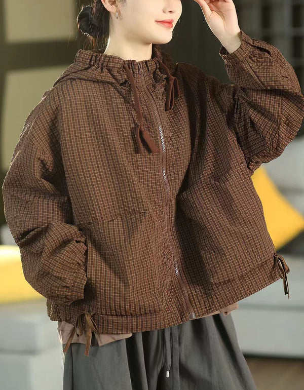 Women's Oversized Checkered Hooded Zip Jacket