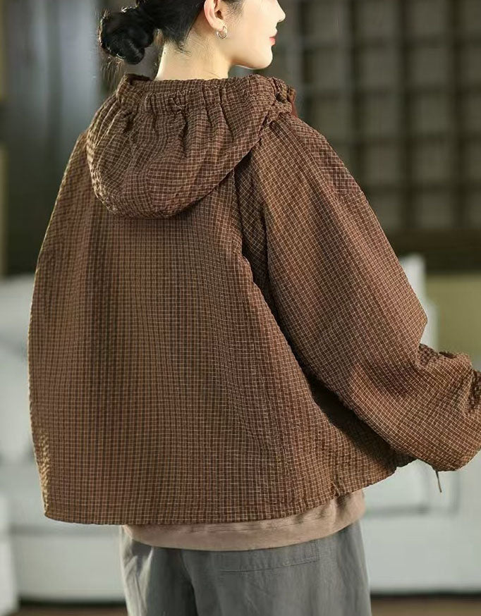 Women's Lightweight Checkered Hooded Casual Jacket