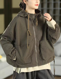 Women's Casual Plaid Hooded Jacket with Zipper