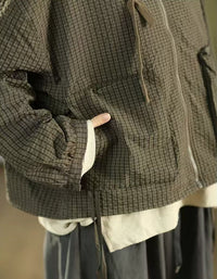 Women's Checkered Drawstring Hooded Jacket with Pockets