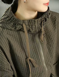 Women's Oversized Grid Print Hooded Zip-Up Jacket