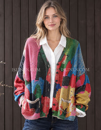 Women's Oversized Colorful Patchwork Button Cardigan