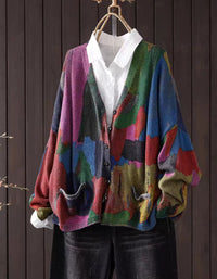Women's Vintage Colorful Patchwork Button Knit Cardigan