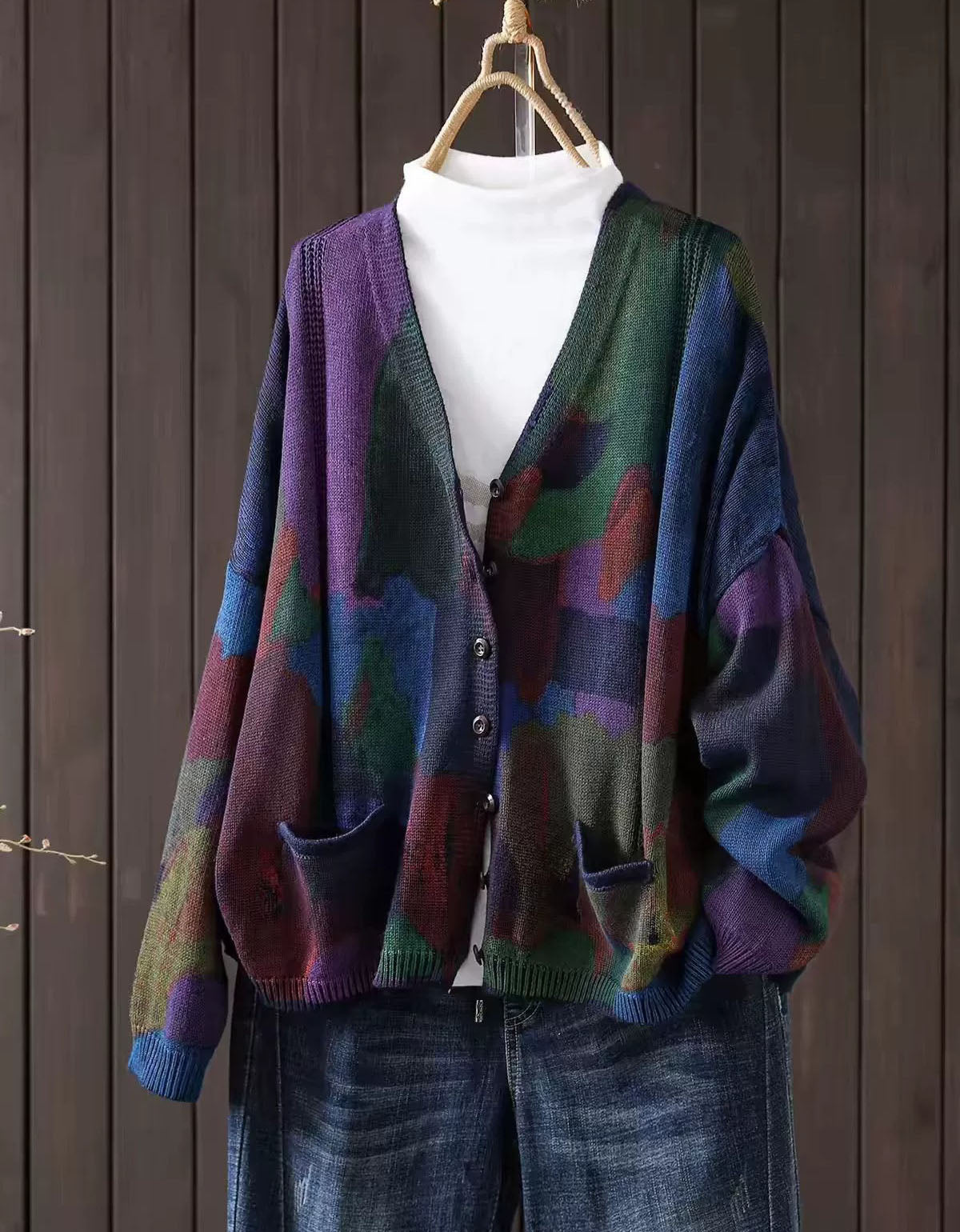 Women's Colorful Patchwork Knit Button Front Cardigan