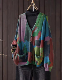 Women's colorful patchwork knit button front cardigan