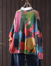 Front view of colorful patchwork cardigan for women