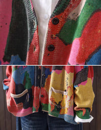 Close-up of colorful patchwork knit cardigan texture