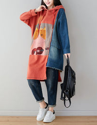 Women’s Oversized Cute Cat Patchwork Hoodie Dress