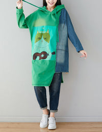 Women’s Oversized Cute Cat Patchwork Hoodie Dress