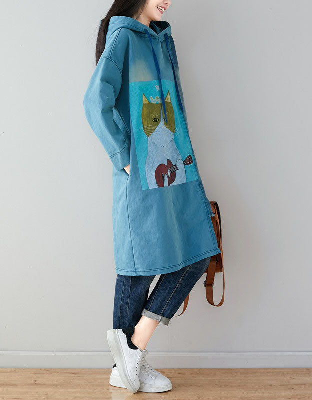 Women’s Oversized Cute Cat Patchwork Hoodie Dress