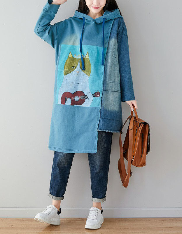 Women’s Oversized Cute Cat Patchwork Hoodie Dress