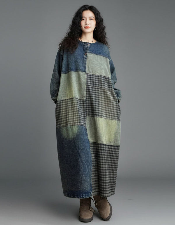 Women’s Vintage Patchwork Denim Midi Dress