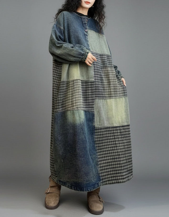 Women’s Patchwork Denim Long Sleeve Midi Dress