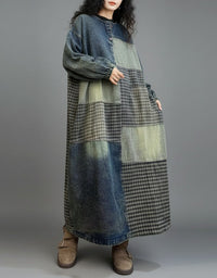 Women’s Patchwork Denim Long Sleeve Midi Dress