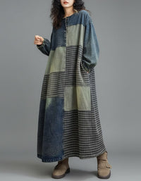 Vintage Patchwork Denim Dress with Plaid Panels