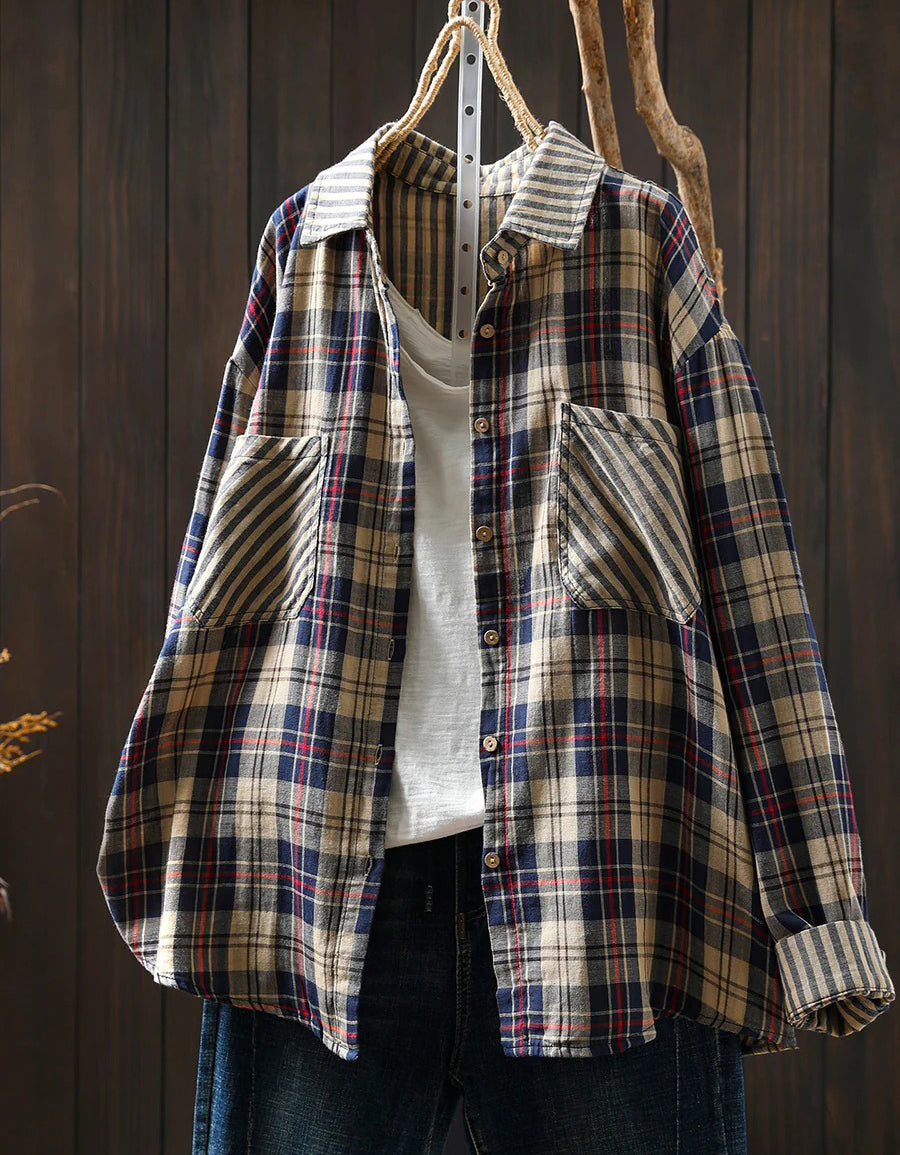 Women’s Oversized Stripe Plaid Cotton Shirt