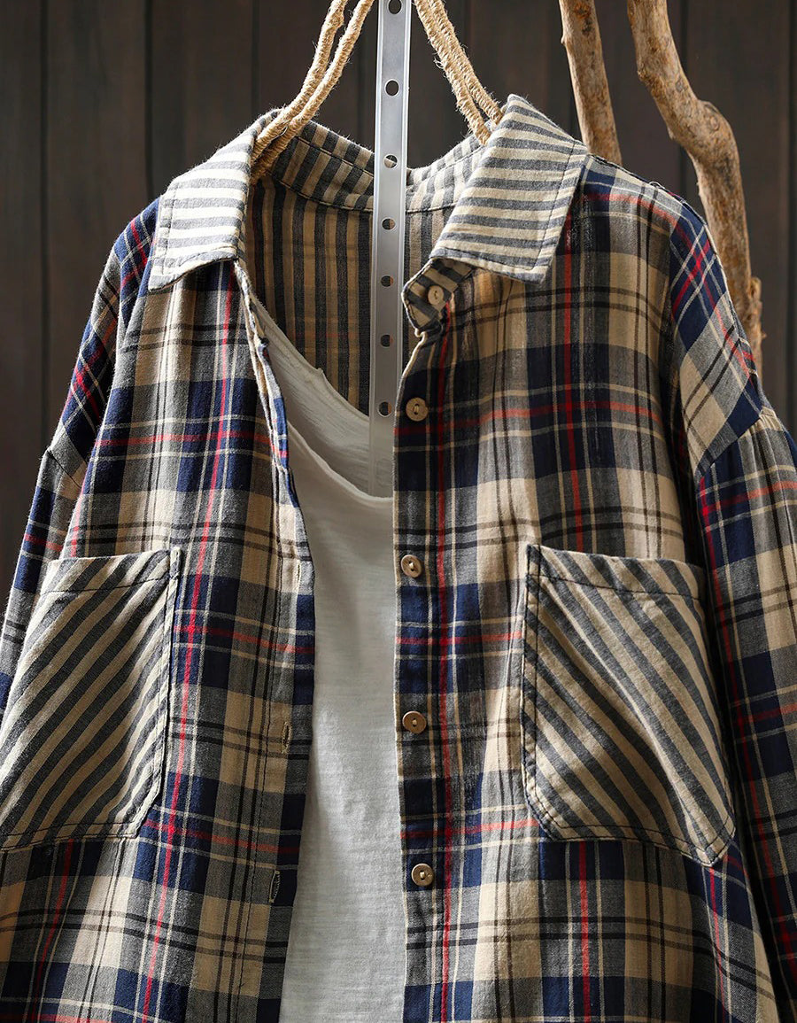 Women’s Oversized Stripe Plaid Cotton Shirt