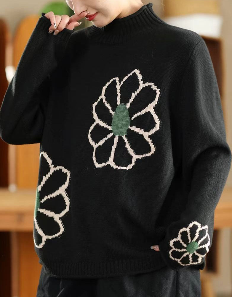 Women's Oversized Turtleneck Embroidery Knit Sweater
