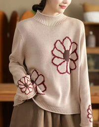 Women's Oversized Turtleneck Embroidery Knit Sweater
