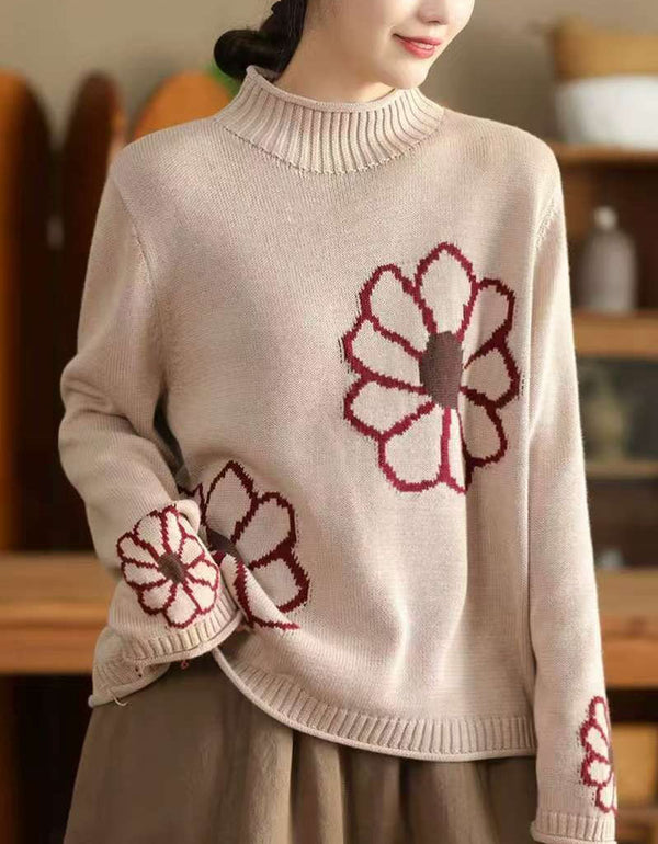 Women's Oversized Turtleneck Embroidery Knit Sweater