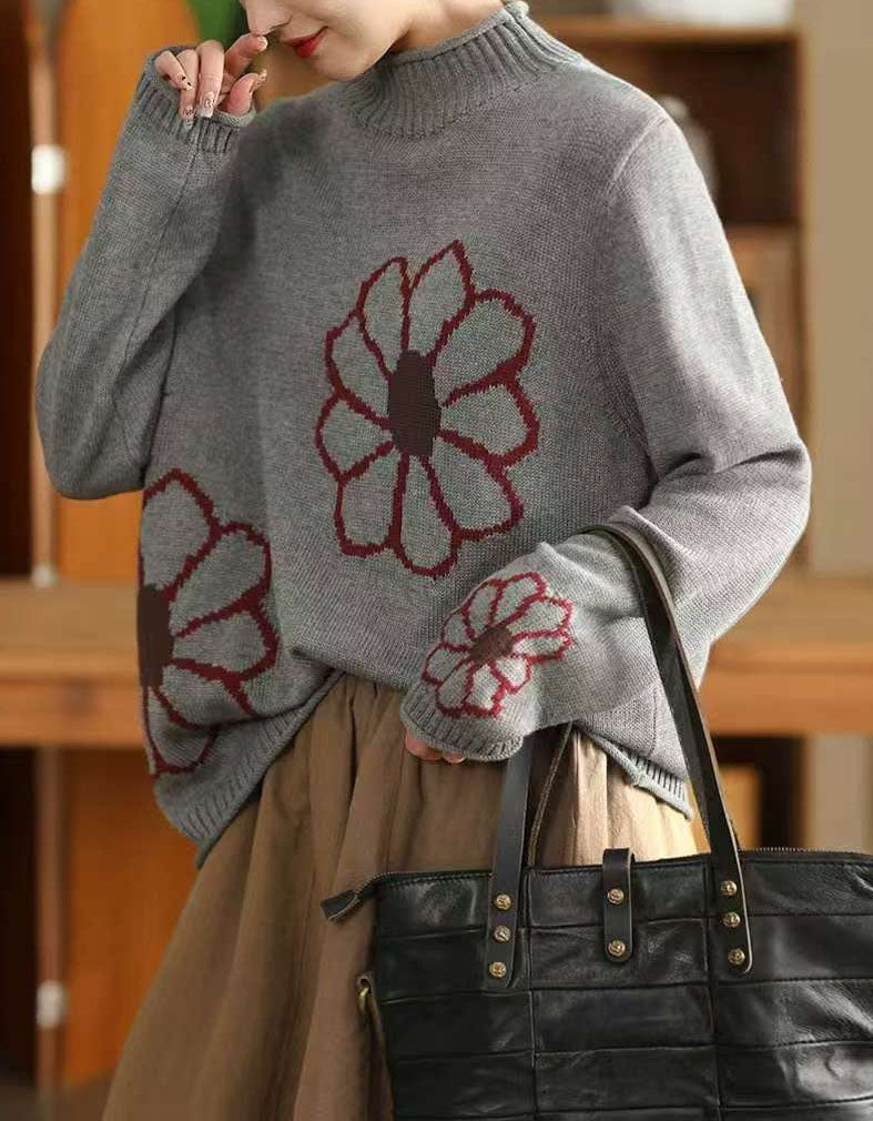 Women's Oversized Turtleneck Embroidery Knit Sweater