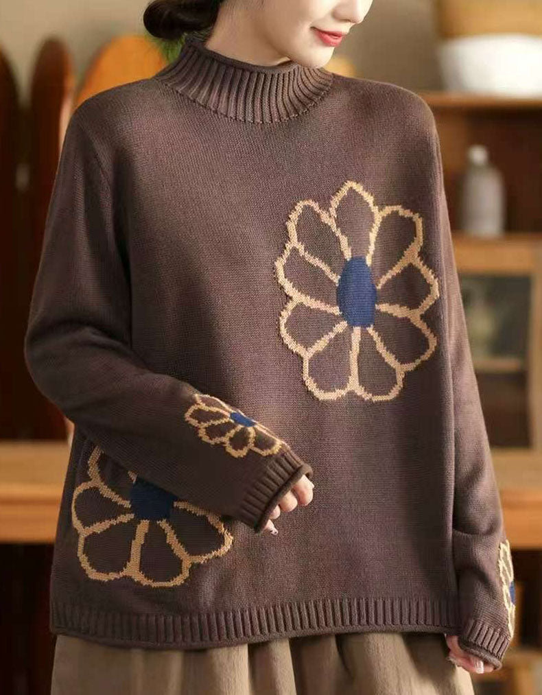 Women's Oversized Turtleneck Embroidery Knit Sweater