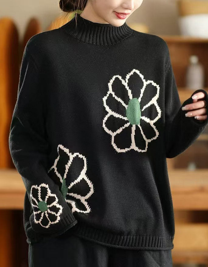 Women's Oversized Turtleneck Embroidery Knit Sweater