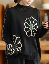 Women's Oversized Turtleneck Embroidery Knit Sweater