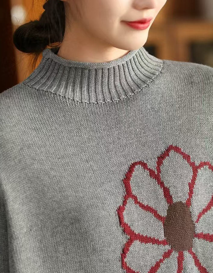 Women's Oversized Turtleneck Embroidery Knit Sweater