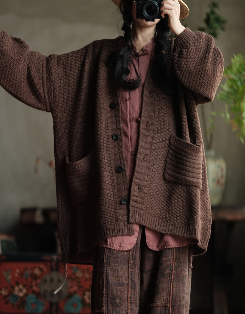Women’s Oversized Vintage Brown Knit Sweater Coat