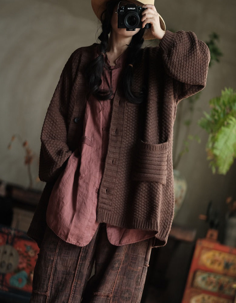 Women’s Oversized Vintage Brown Knit Sweater Coat