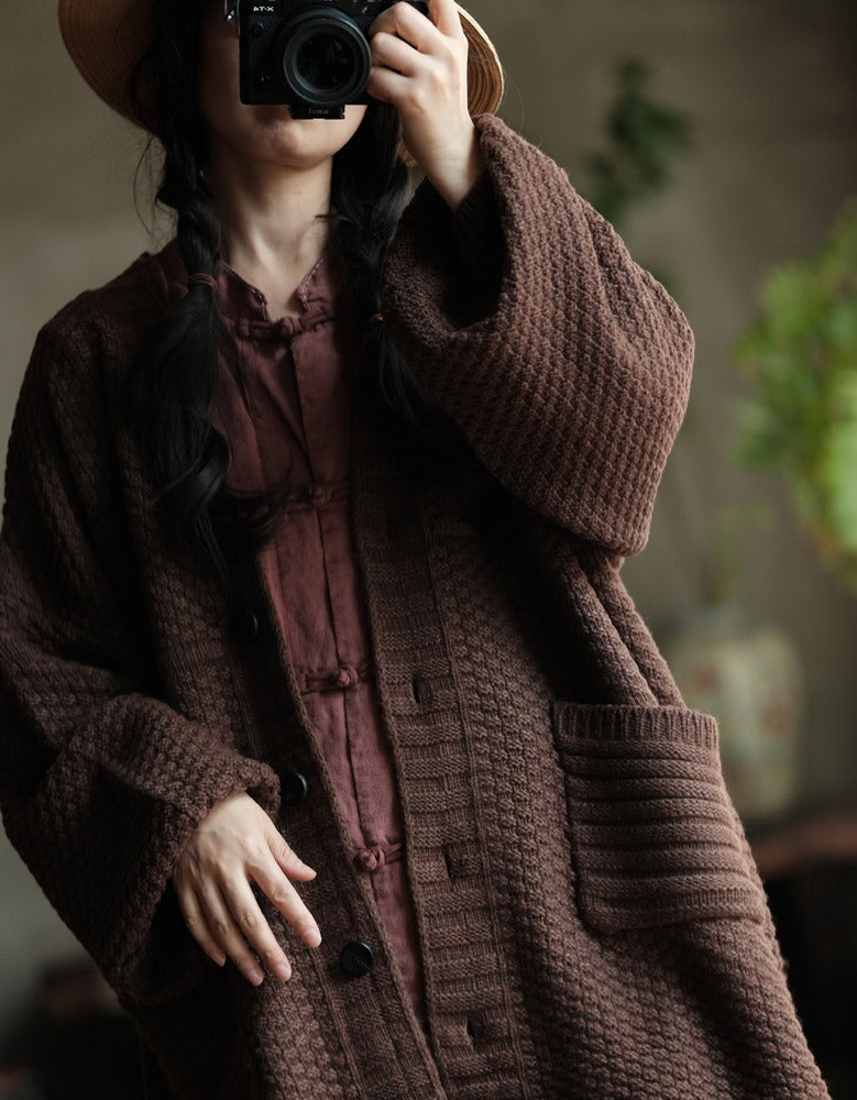 Women’s Oversized Vintage Brown Knit Sweater Coat