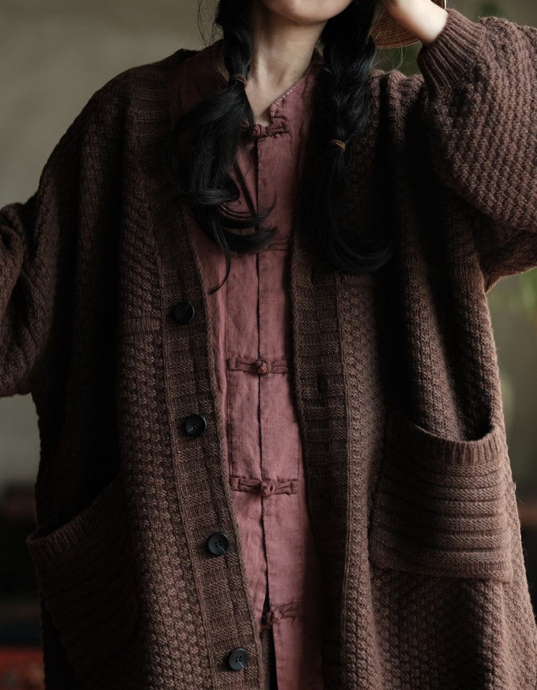 Women’s Oversized Vintage Brown Knit Sweater Coat