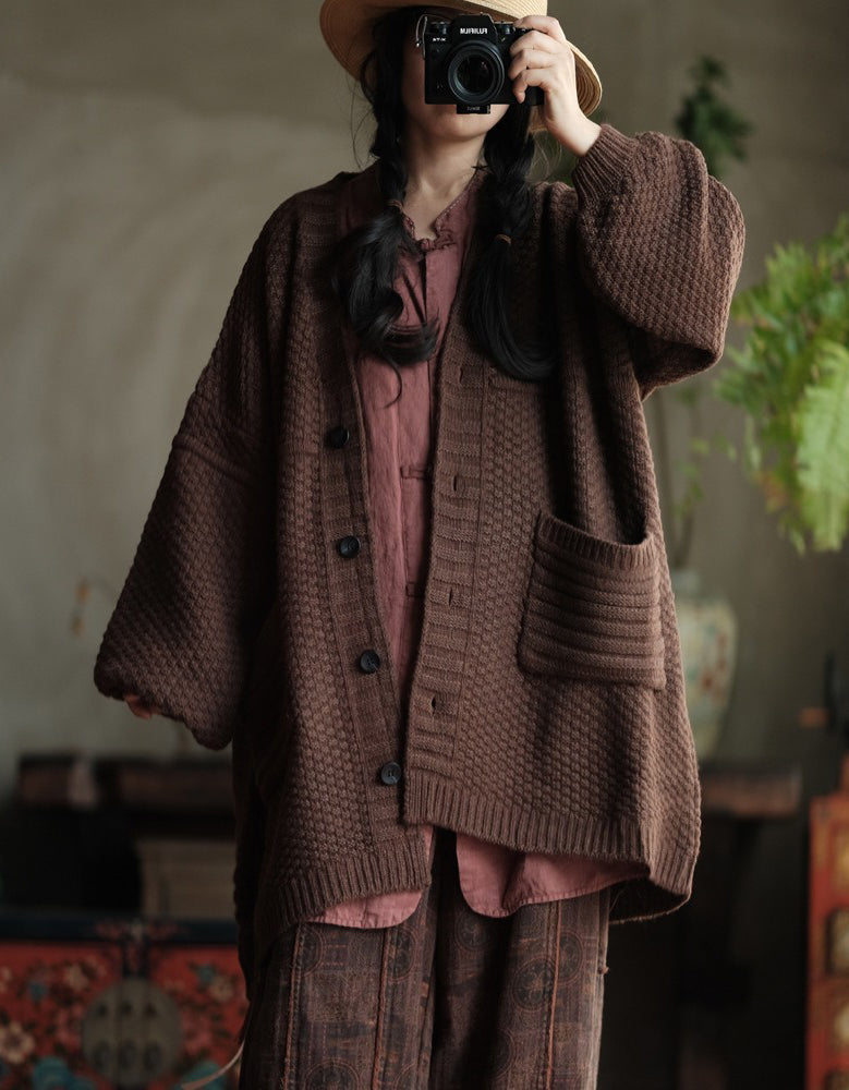 Women’s Oversized Vintage Brown Knit Sweater Coat