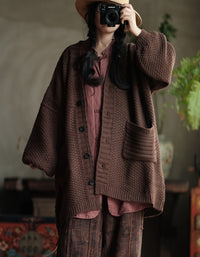 Women’s Oversized Vintage Brown Knit Sweater Coat