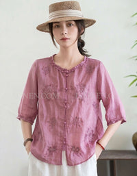 Women vintage embroidered linen button front blouse pink