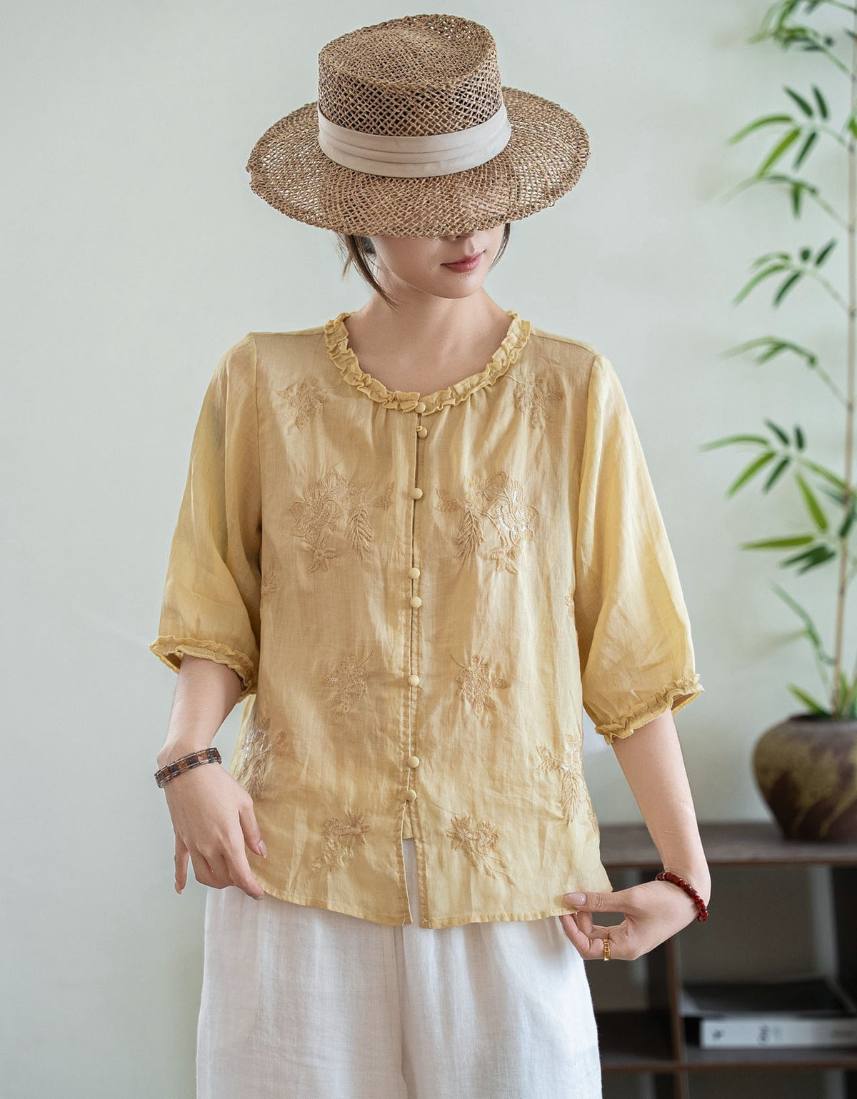 Pink floral embroidered linen blouse for women