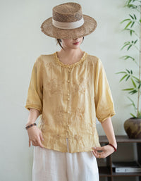 Pink floral embroidered linen blouse for women